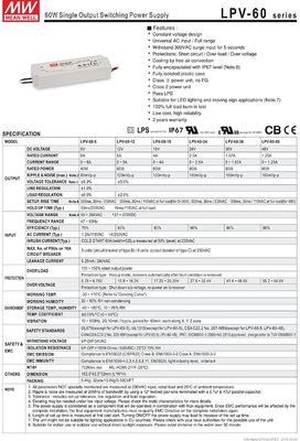 Meanwell 60w 12v ไฟ LED แหล่งไฟฟ้าความดันต่ํา LPV-60-12